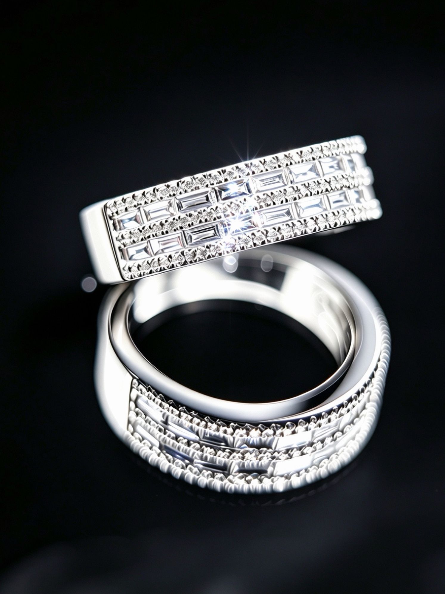 鏡面迷宮 高定雙排方鑽交織奢華寬戒 - Image 2